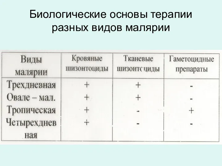 Биологические основы терапии разных видов малярии