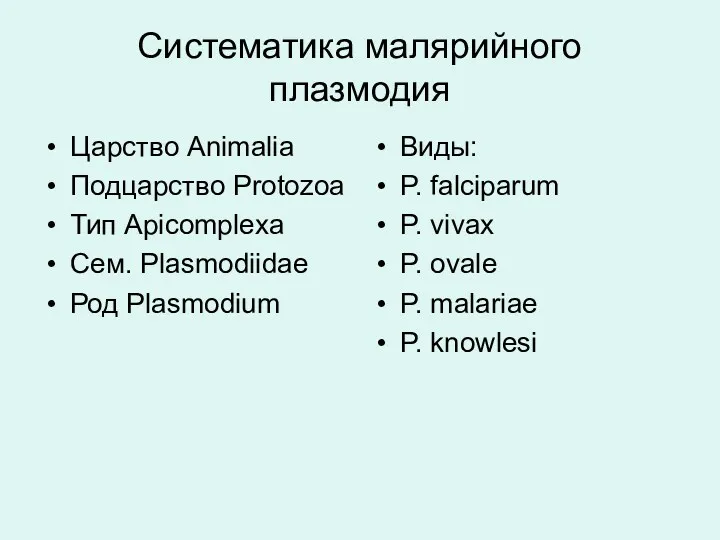 Систематика малярийного плазмодия Царство Animalia Подцарство Protozoa Тип Apicomplexa Сем.