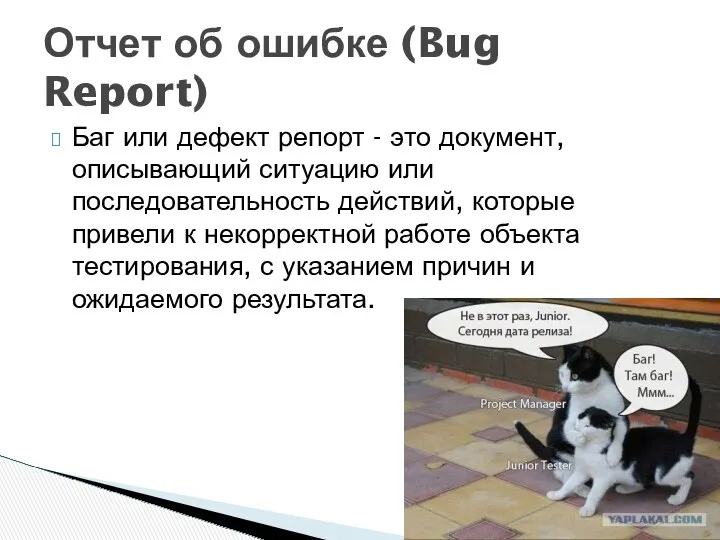 Баг или дефект репорт - это документ, описывающий ситуацию или последовательность действий, которые