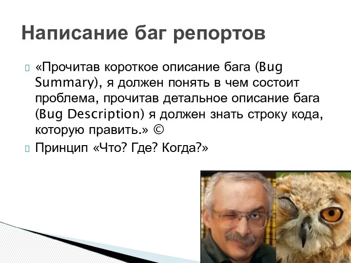 «Прочитав короткое описание бага (Bug Summary), я должен понять в чем состоит проблема,