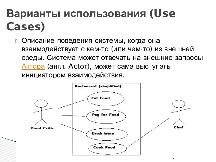 Описание поведения системы, когда она взаимодействует с кем-то (или чем-то) из внешней среды.