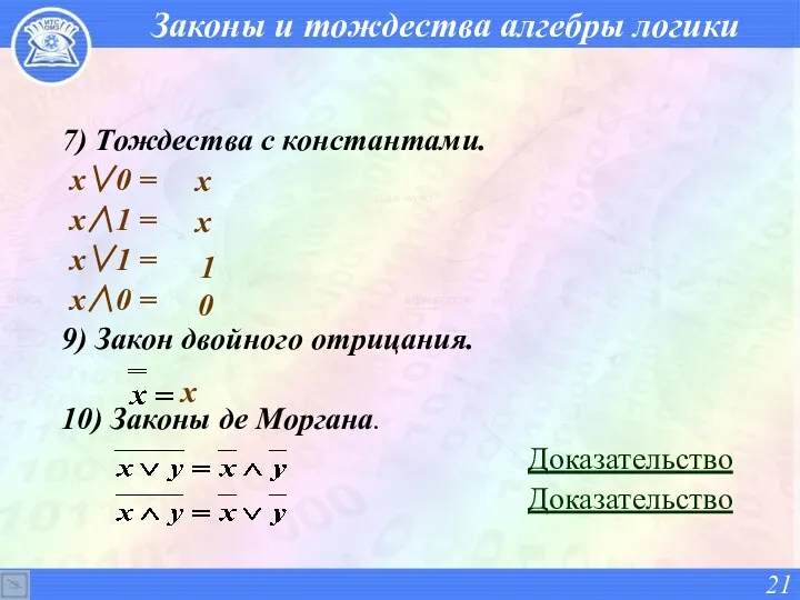 Законы и тождества алгебры логики 7) Тождества с константами. x∨0 = x∧1 =