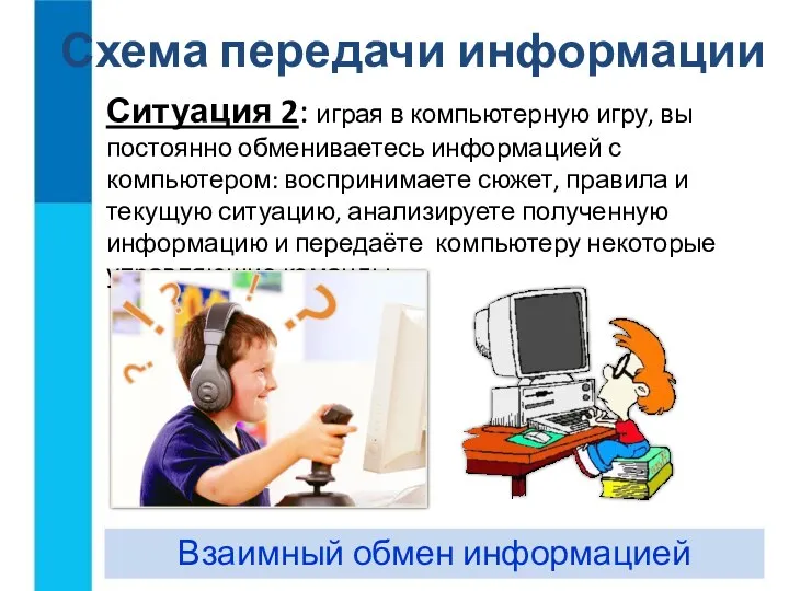 Ситуация 2: играя в компьютерную игру, вы постоянно обмениваетесь информацией с компьютером: воспринимаете