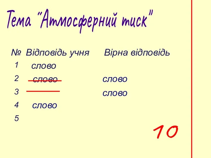 Тема ˝Атмосферний тиск" 10 слово слово слово