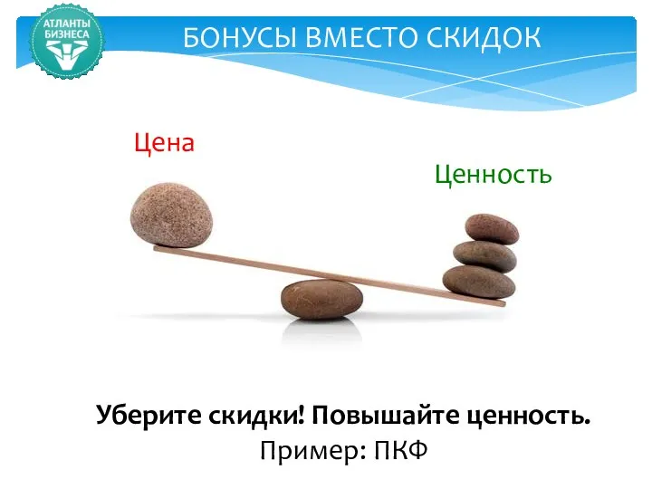 БОНУСЫ ВМЕСТО СКИДОК Уберите скидки! Повышайте ценность. Пример: ПКФ Цена Ценность