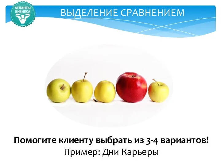 ВЫДЕЛЕНИЕ СРАВНЕНИЕМ Помогите клиенту выбрать из 3-4 вариантов! Пример: Дни Карьеры