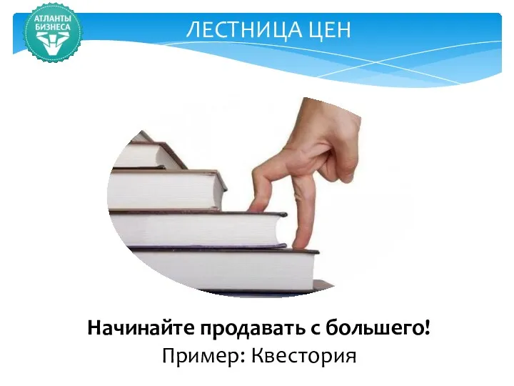 ЛЕСТНИЦА ЦЕН Начинайте продавать с большего! Пример: Квестория