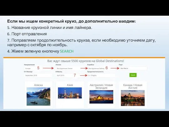 Если мы ищем конкретный круиз, до дополнительно вводим: 5. Название круизной линии и