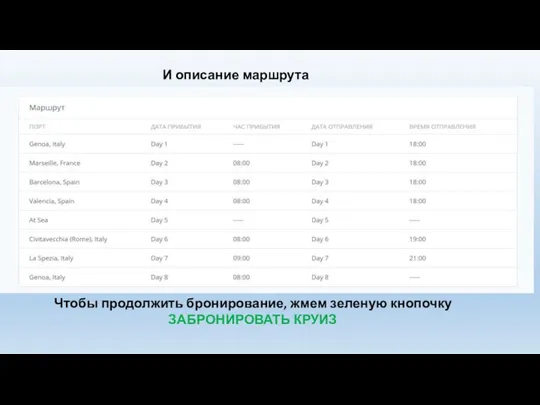 И описание маршрута : Чтобы продолжить бронирование, жмем зеленую кнопочку ЗАБРОНИРОВАТЬ КРУИЗ