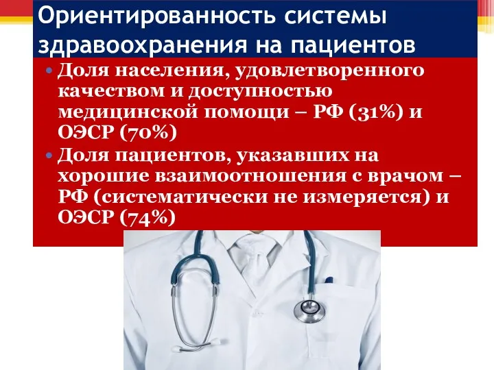 Ориентированность системы здравоохранения на пациентов Доля населения, удовлетворенного качеством и