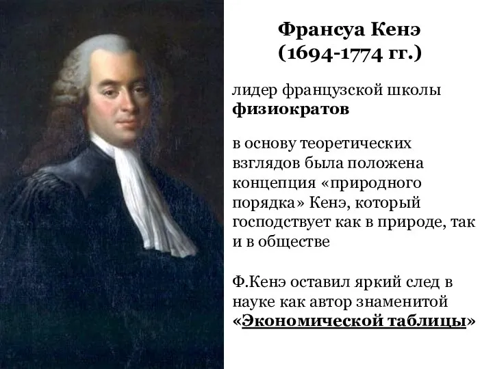 Франсуа Кенэ (1694-1774 гг.) лидер французской школы физиократов в основу