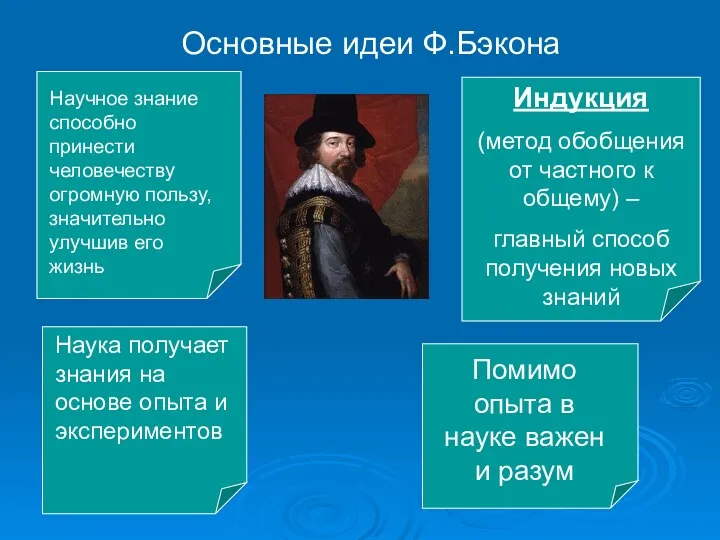 Основные идеи Ф.Бэкона Научное знание способно принести человечеству огромную пользу,