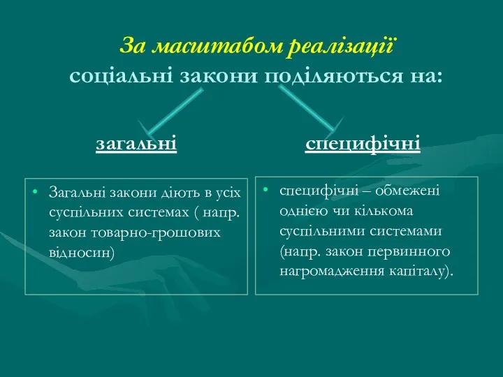 За масштабом реалізації соціальні закони поділяються на: загальні Загальні закони