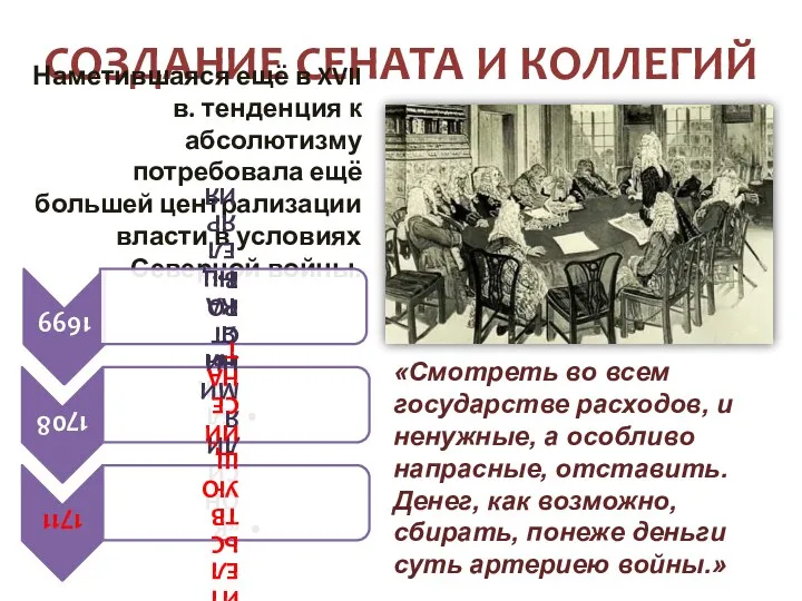 СОЗДАНИЕ СЕНАТА И КОЛЛЕГИЙ Наметившаяся ещё в XVII в. тенденция