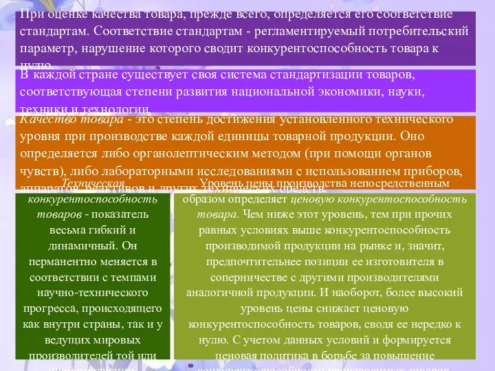 При оценке качества товара, прежде всего, определяется его соответствие стандартам. Соответствие стандартам -