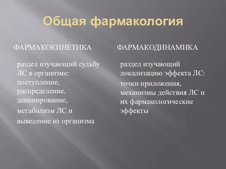 Общая фармакология ФАРМАКОКИНЕТИКА ФАРМАКОДИНАМИКА раздел изучающий судьбу ЛС в организме: