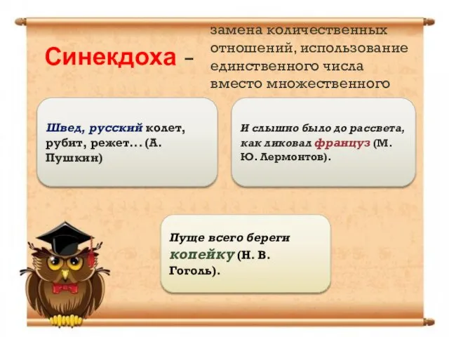 замена количественных отношений, использование единственного числа вместо множественного Синекдоха -