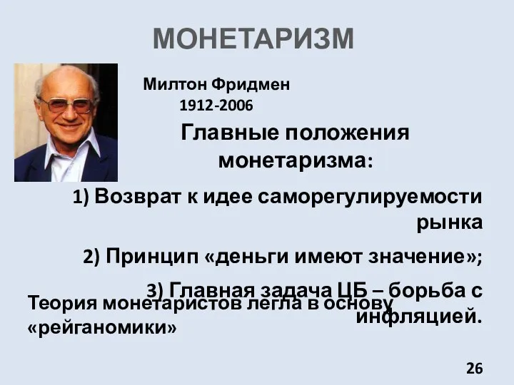 МОНЕТАРИЗМ Милтон Фридмен 1912-2006 1) Возврат к идее саморегулируемости рынка