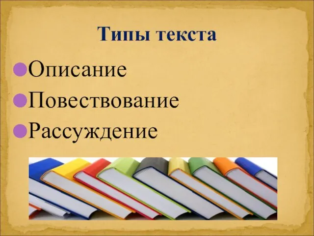 Типы текста Описание Повествование Рассуждение