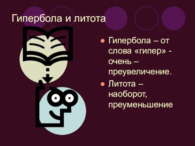 Гипербола и литота Гипербола – от слова «гипер» - очень – преувеличение. Литота – наоборот, преуменьшение