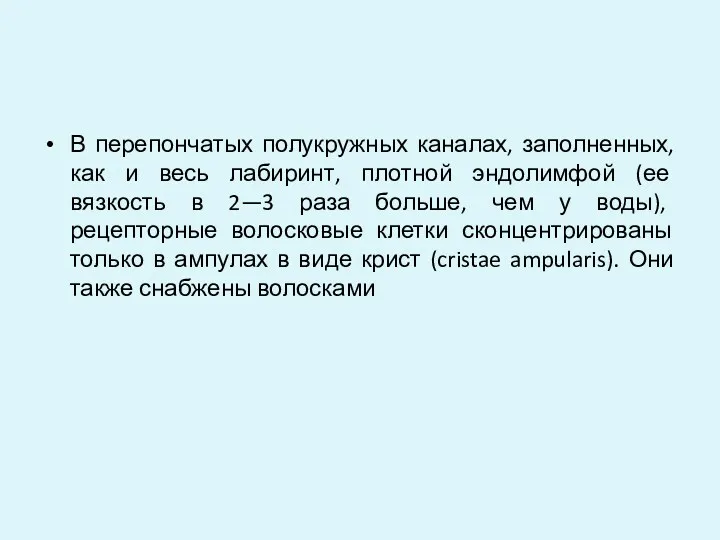 В перепончатых полукружных каналах, заполненных, как и весь лабиринт, плотной