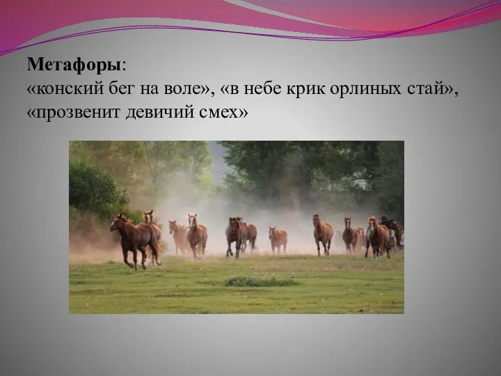 Метафоры: «конский бег на воле», «в небе крик орлиных стай», «прозвенит девичий смех»