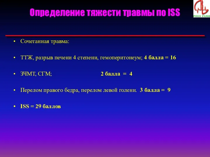Определение тяжести травмы по ISS Сочетанная травма: ТТЖ, разрыв печени