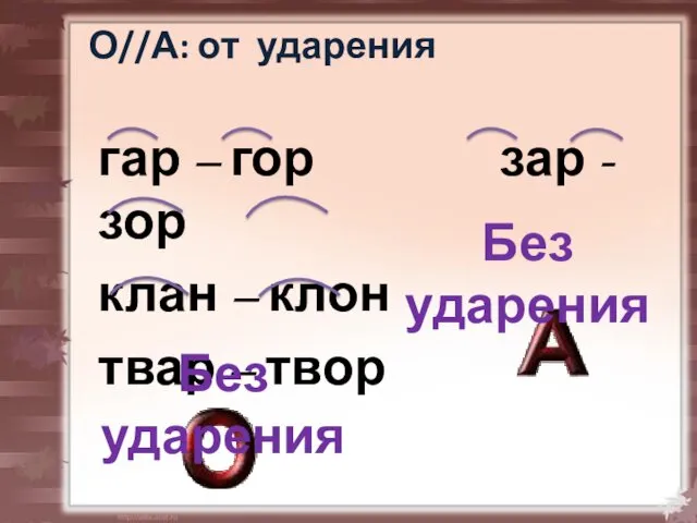 О//А: от ударения гар – гор зар - зор клан