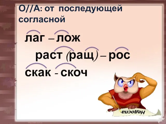 О//А: от последующей согласной лаг – лож раст (ращ) – рос скак - скоч