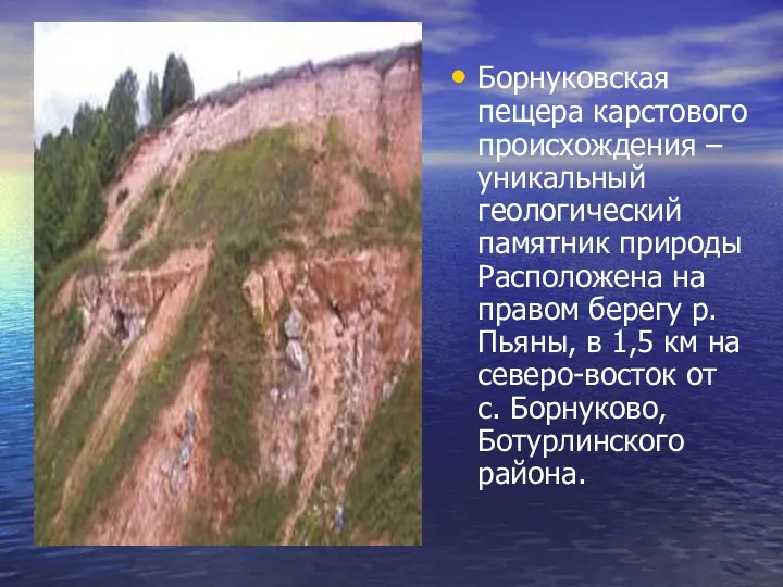 Борнуковская пещера карстового происхождения – уникальный геологический памятник природы Расположена
