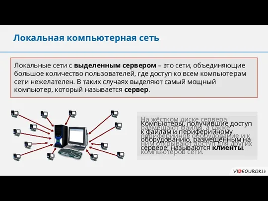 Локальная компьютерная сеть Локальные сети с выделенным сервером – это сети, объединяющие большое