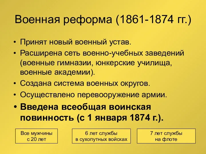 Военная реформа (1861-1874 гг.) Принят новый военный устав. Расширена сеть