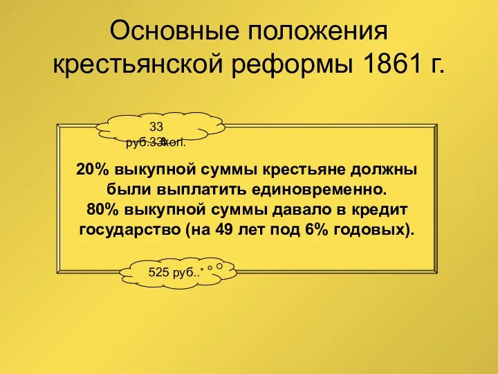 Основные положения крестьянской реформы 1861 г. 20% выкупной суммы крестьяне