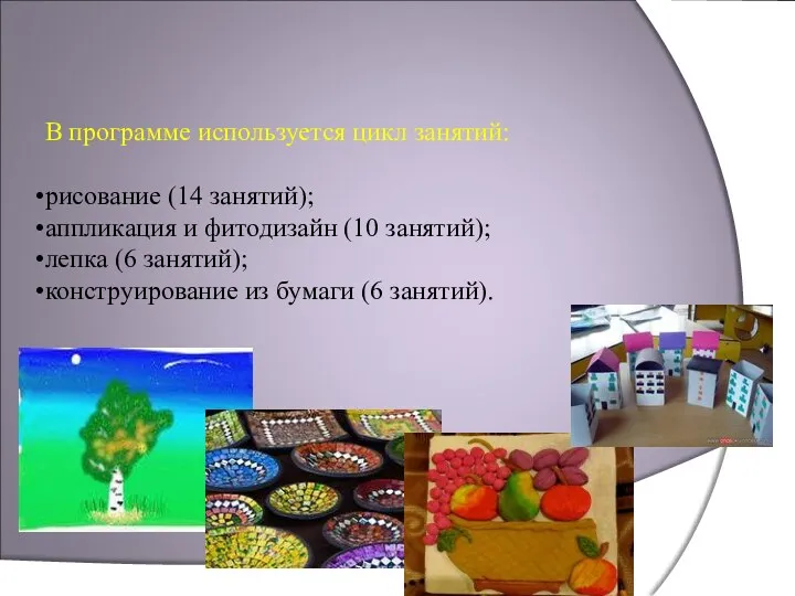 В программе используется цикл занятий: рисование (14 занятий); аппликация и