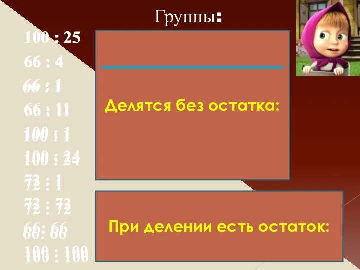 При делении есть остаток: Делятся без остатка: Группы: 100 :