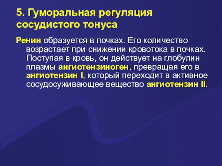 5. Гуморальная регуляция сосудистого тонуса Ренин образуется в почках. Его