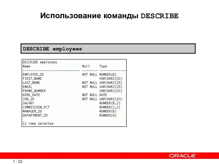 Использование команды DESCRIBE DESCRIBE employees