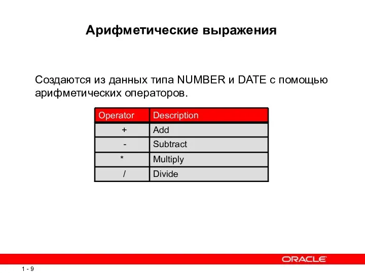 Multiply * Divide / Subtract - Add + Description Operator