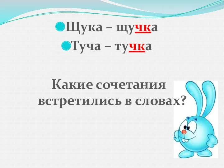 Щука – щучка Туча – тучка Какие сочетания встретились в словах?