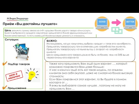 Приём «Вы достойны лучшего» Цель увеличить сумму заказа за счёт продажи более дорого