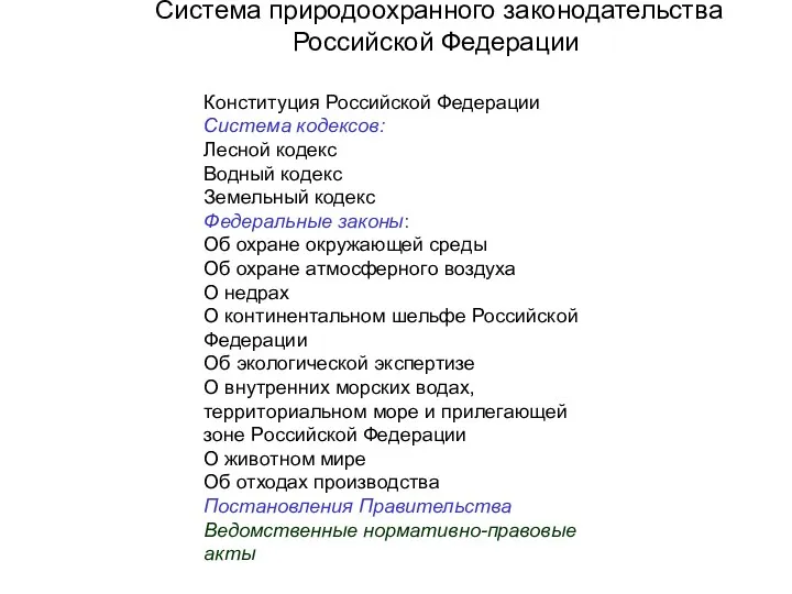 Система природоохранного законодательства Российской Федерации Конституция Российской Федерации Система кодексов: