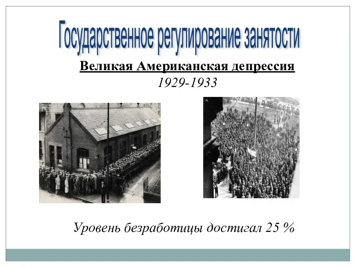 Государственное регулирование занятости Великая Американская депрессия 1929-1933 Уровень безработицы достигал 25 %