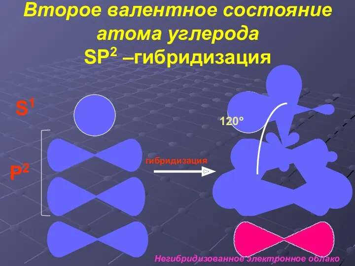 S1 P2 гибридизация Негибридизованное электронное облако Второе валентное состояние атома углерода SP2 –гибридизация 120º