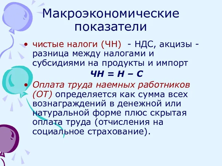 Макроэкономические показатели чистые налоги (ЧН) - НДС, акцизы - разница