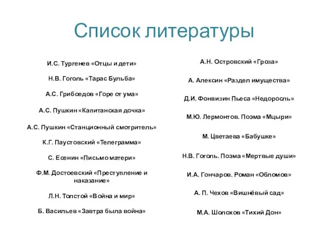 Список литературы И.С. Тургенев «Отцы и дети» Н.В. Гоголь «Тарас