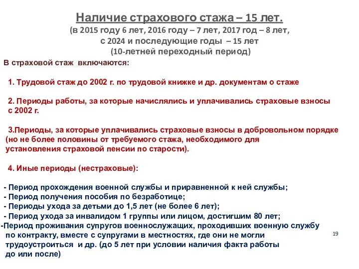 19 Наличие страхового стажа – 15 лет. (в 2015 году