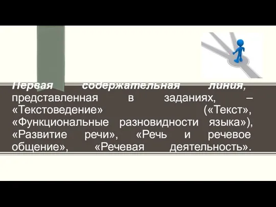 Первая содержательная линия, представленная в заданиях, – «Текстоведение» («Текст», «Функциональные