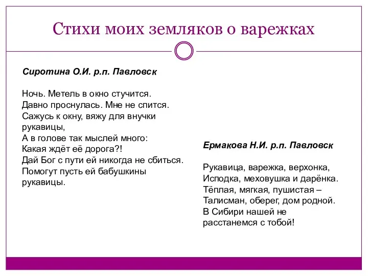 Стихи моих земляков о варежках Сиротина О.И. р.п. Павловск Ночь.