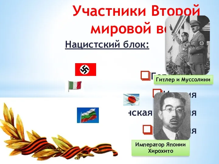 Участники Второй мировой войны Нацистский блок: Германия Италия Японская империя