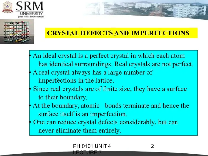 PH 0101 UNIT 4 LECTURE 7 CRYSTAL DEFECTS AND IMPERFECTIONS An ideal crystal